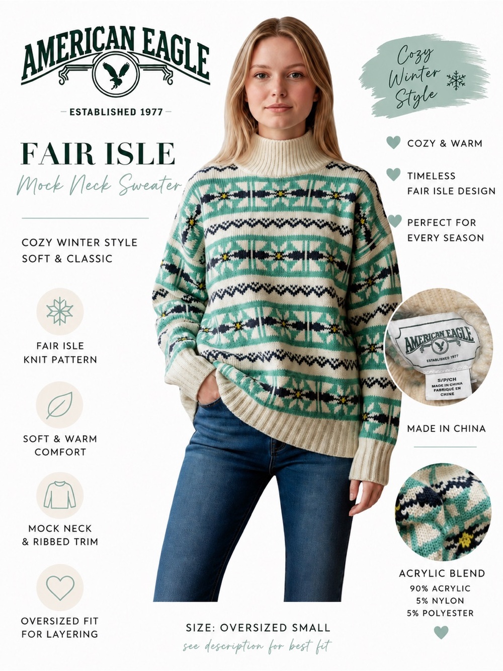 American Eagle Fair Isle Mock Neck Sweater NWT Y2K mid 2010s mint cream Small